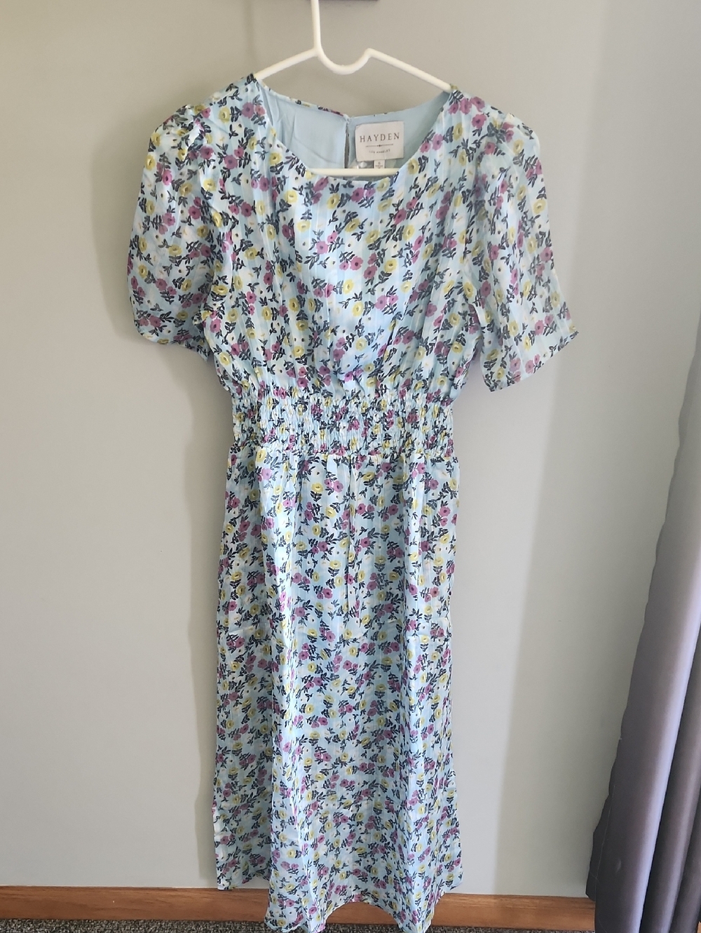 Hayden Pastel Blue Floral Midi Dress with Smocked Waist and Puff Sleeves